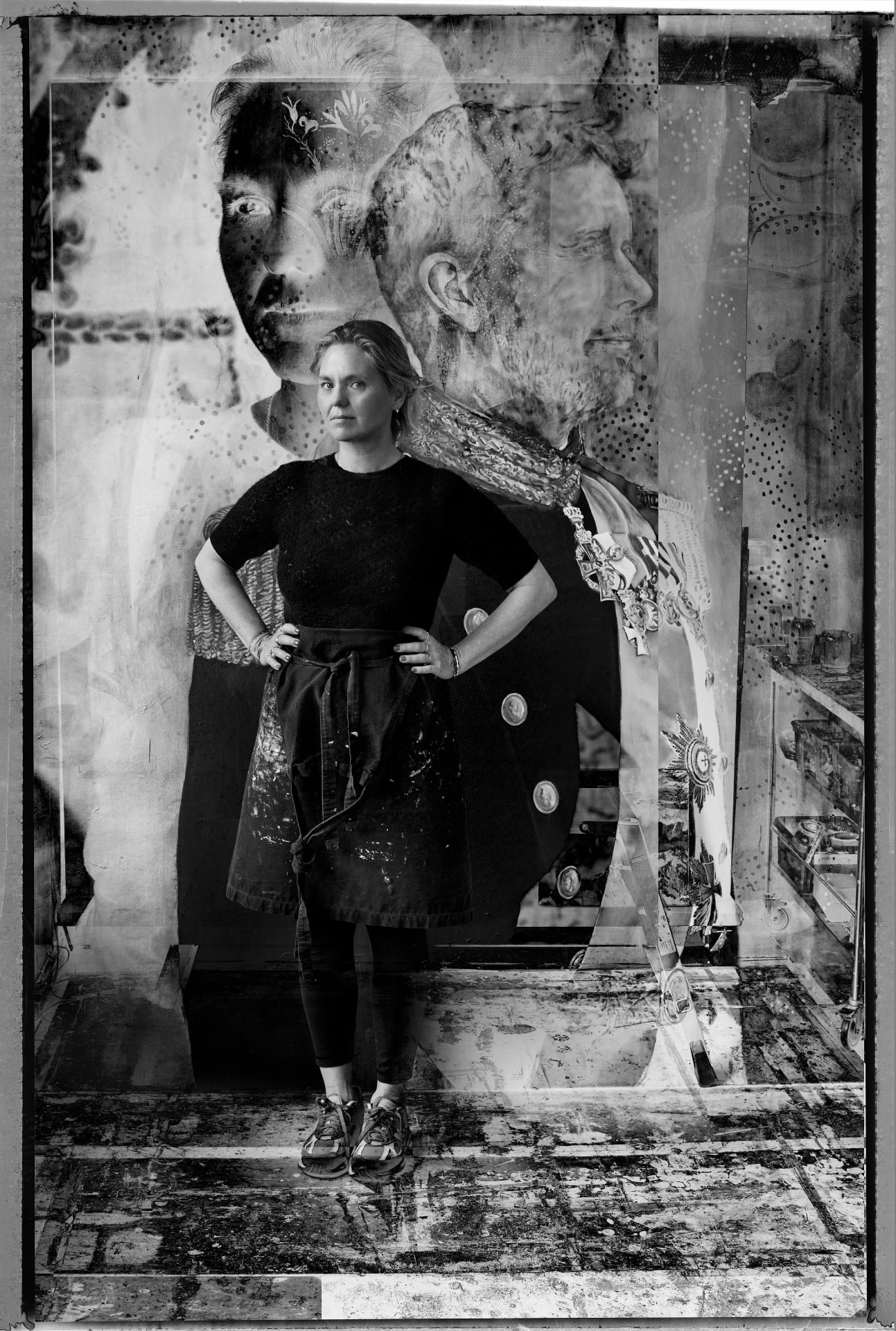 Cathrine Raben Davidsen in her studio, in front of a large monochrome painting